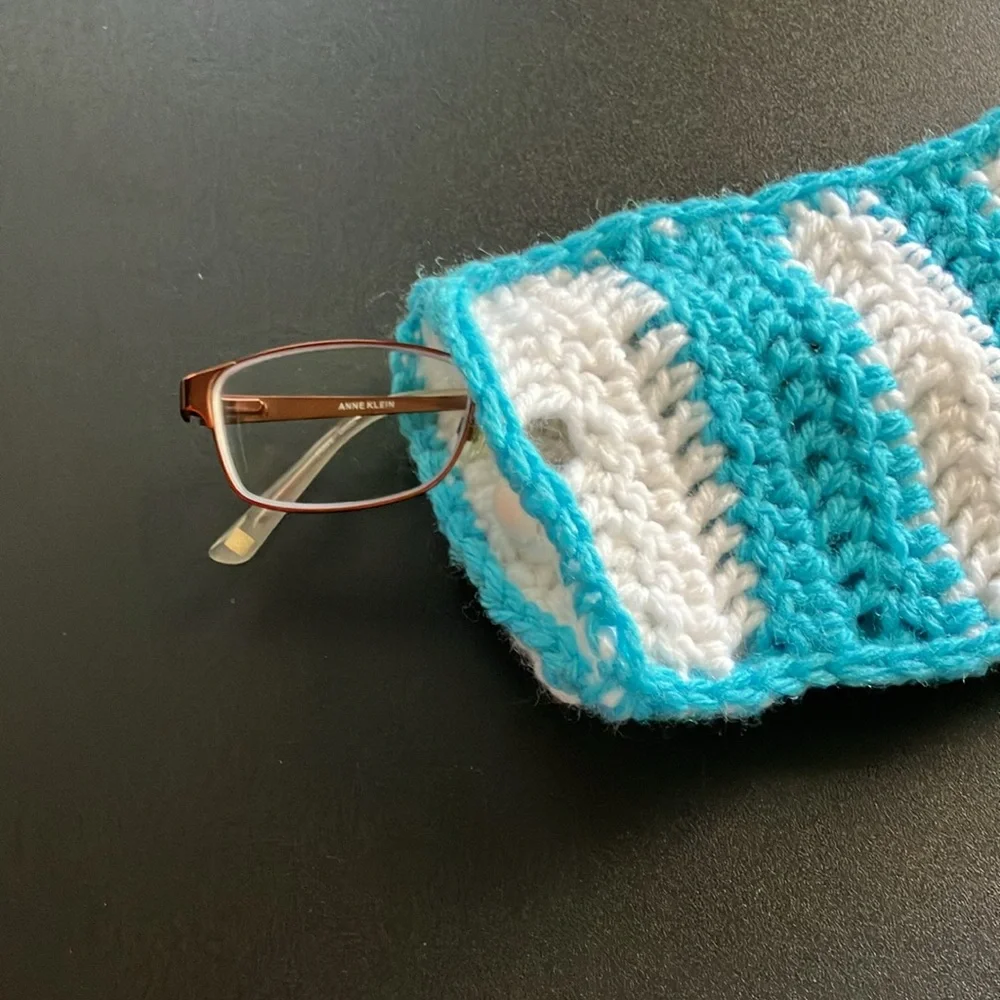 Handmade Crochet Cell Phone Holder Pouch Eyeglass Case Blue White Striped Yarn
